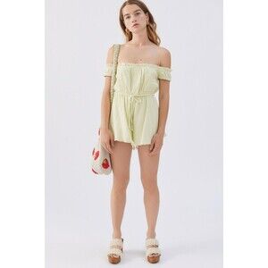 New Urban Outfitters UO Evie Off-The-Shoulder Romper Lt Green Ruffle M Babydoll
